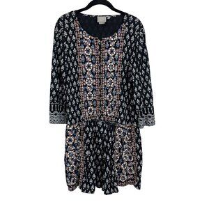 Anthropologie Vanessa Virginia Black Embroidered Ikat Dress Boho Western MEDIUM